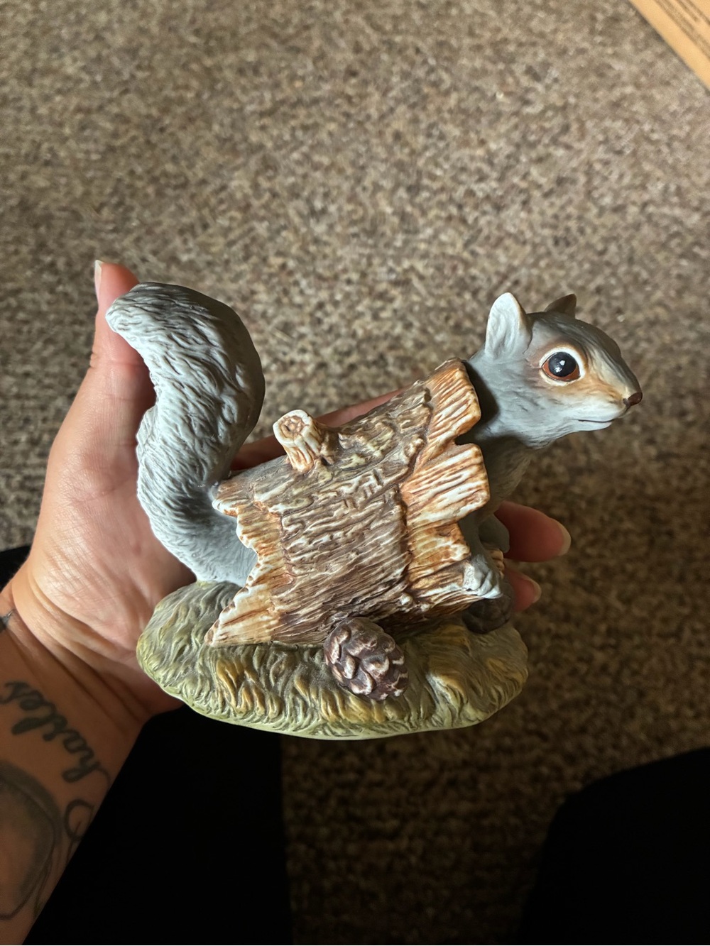 Gray Squirrel Figurine Home Accent with Rustic Log
